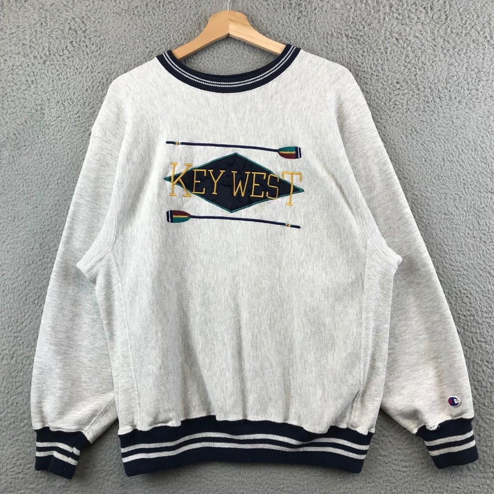Vintage 90s Champion Reverse Weave Key West Embroidered‎ Sweatshirt Gray XL
